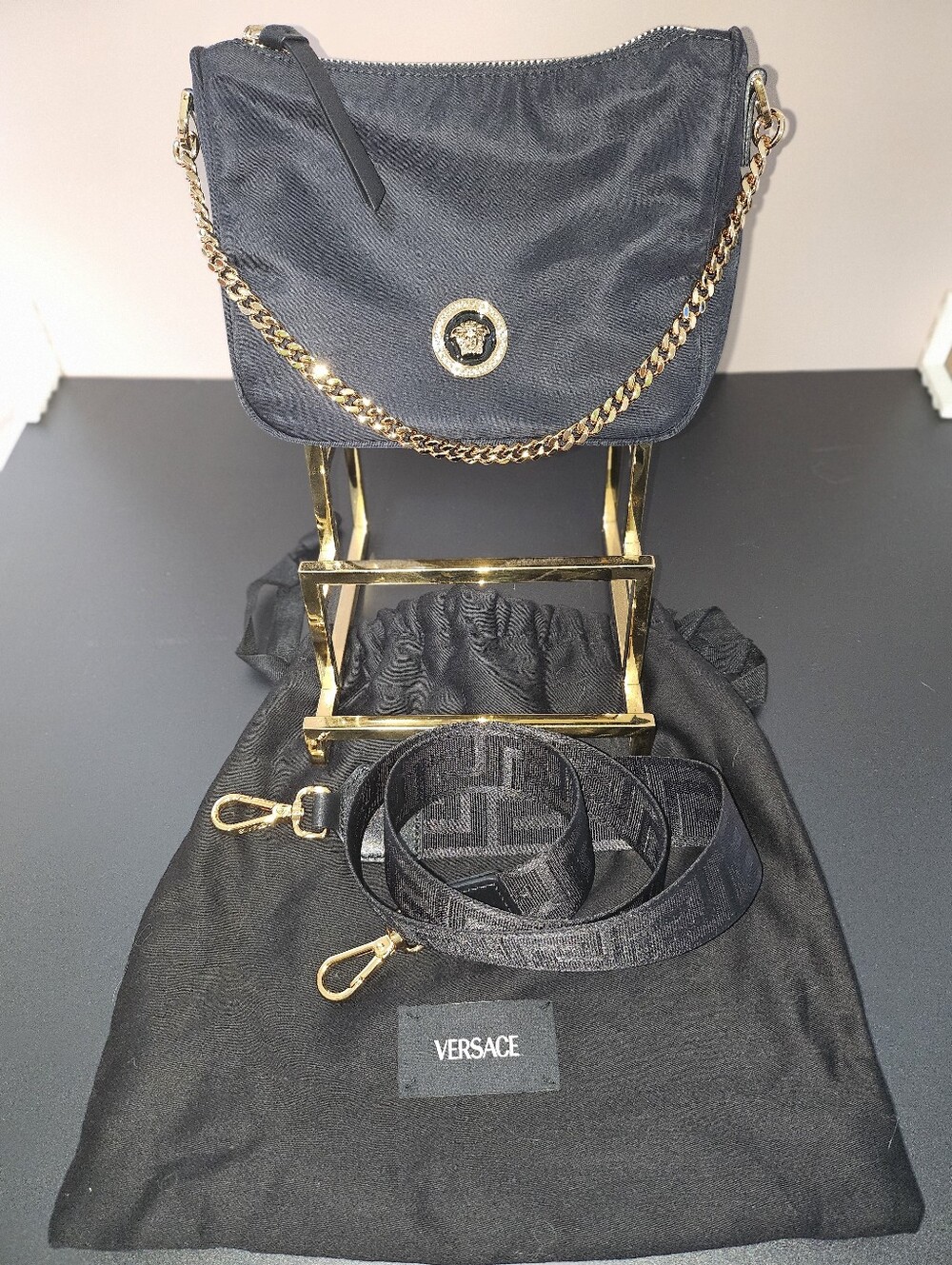 Versace Black Nylon Crossbody with Gold Chain and Medusa Emblem